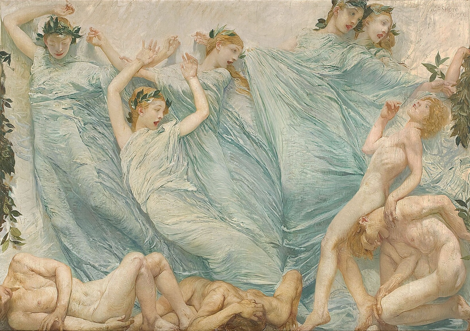 G.A.Sartorio, Awakening (between 1908 and 1923). Tempera on canvas, 178.4 x 396 cm (70.2 in x 12.9 ft). Gallerie di Piazza Scala, Milan. Dettaglio. Wikimedia Commons